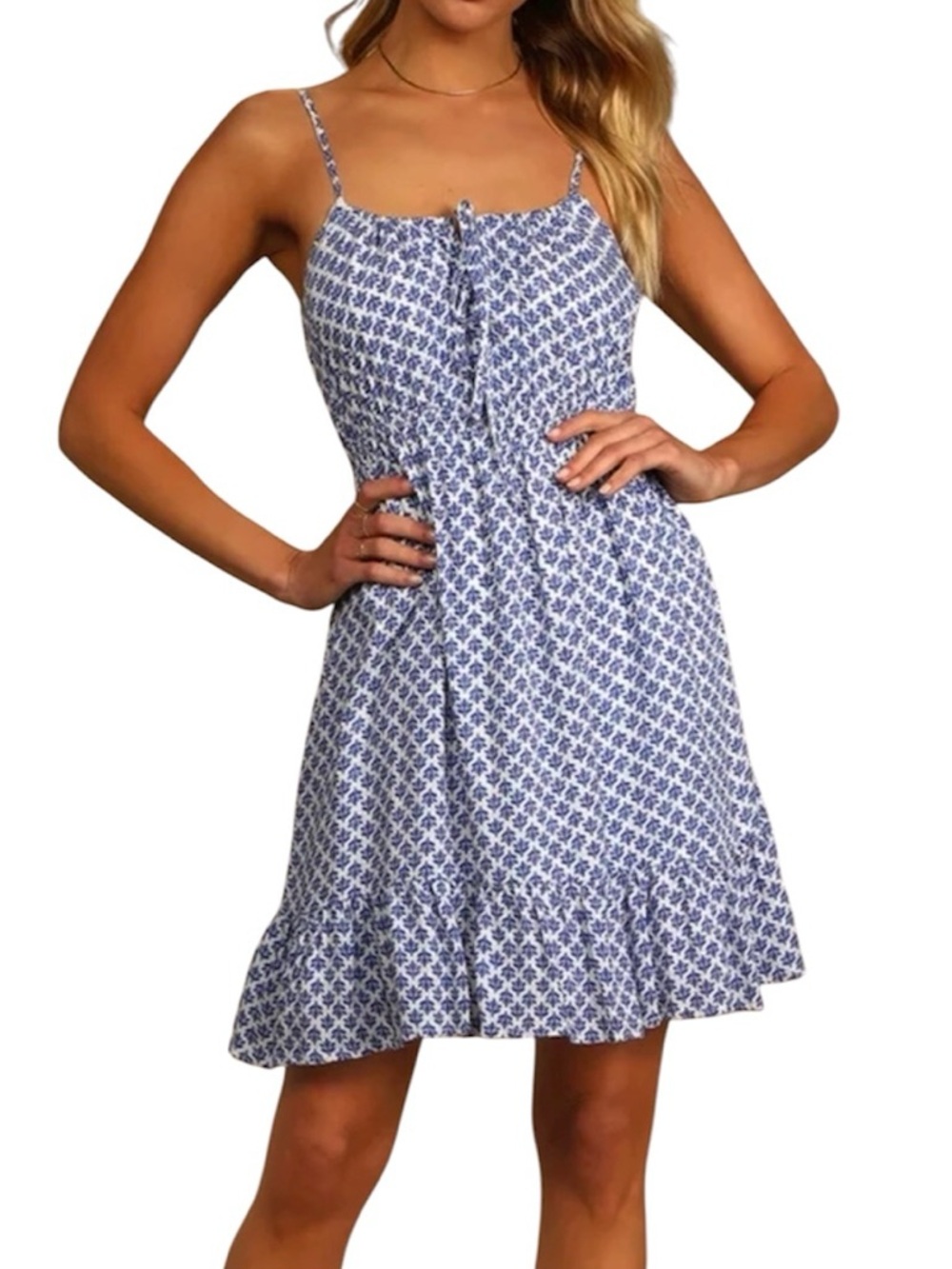 Lulus Grecian Getaway Blue White Print‎ Versatile Wear Beach Cruise Mini Dress M